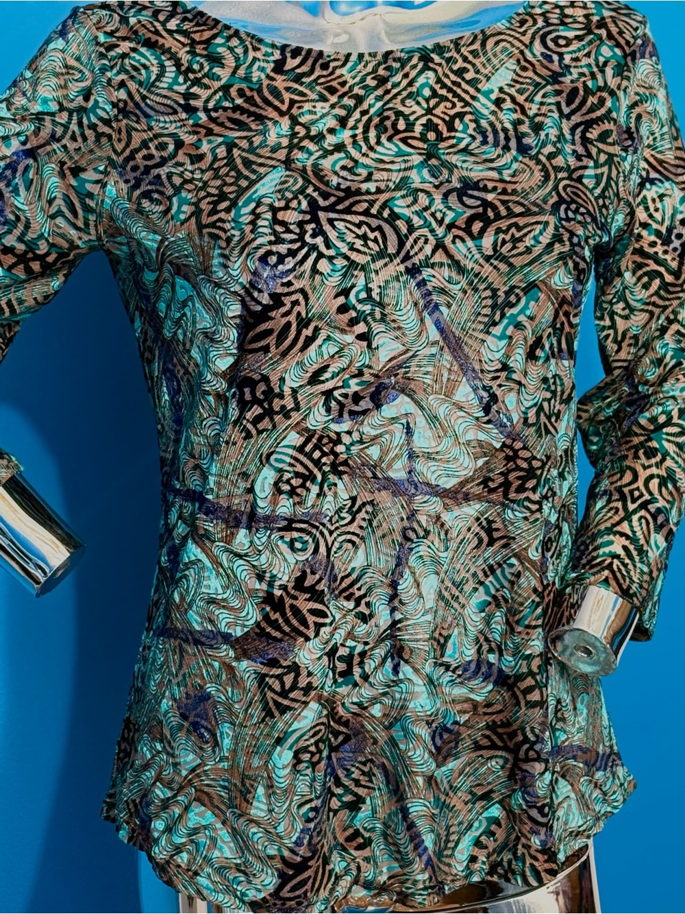 Peck and Peck Blouse in the Women’s Velvet Long-SleeveTop in Teal & Black